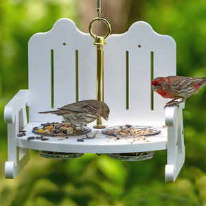 Duncraft Garden Bench Bird Feeder with two perching birds on removable dishes, featuring a chair-style platform for various bird foods.