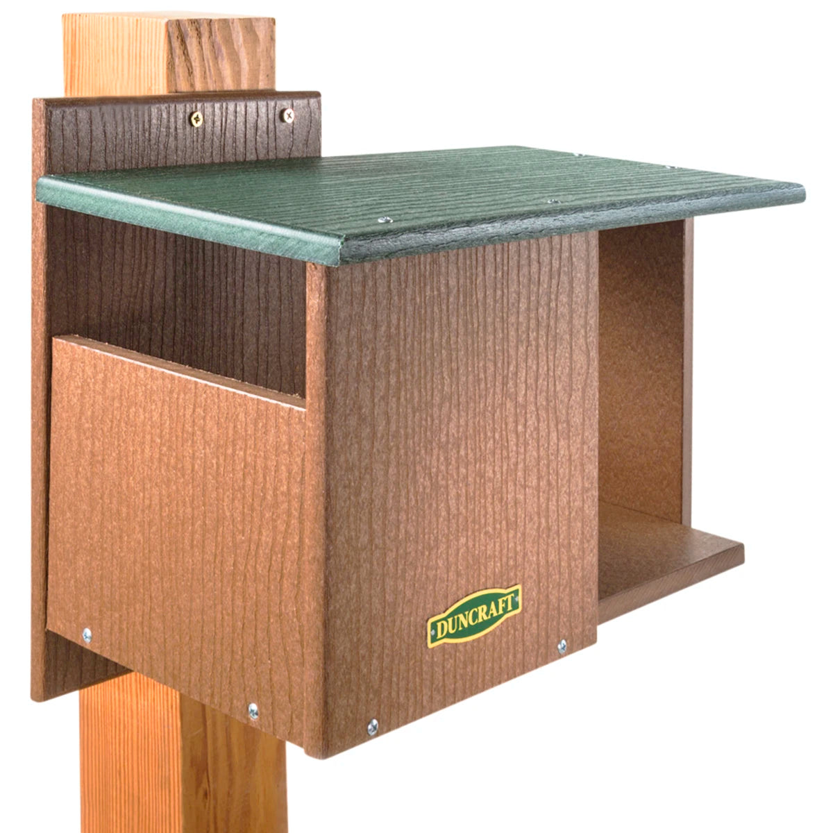 Duncraft Bird-Safe® Cardinal Hide-A-Way, a wooden nesting shelf with a green top, featuring fly-through openings and secure walls for bird safety.