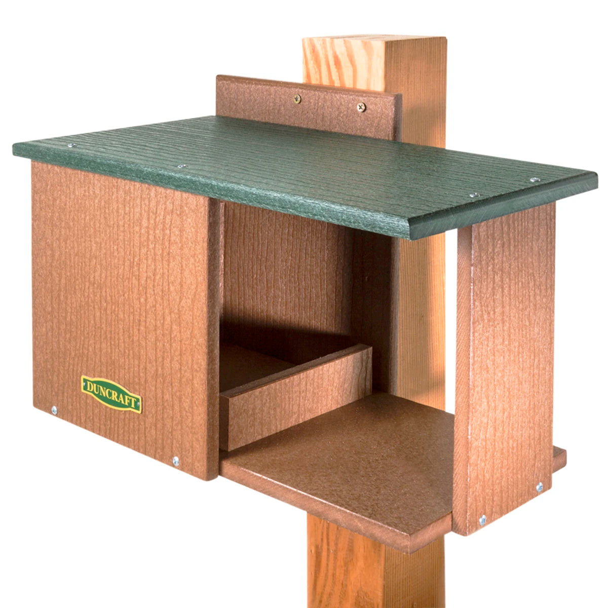 Duncraft Bird-Safe® Cardinal Hide-A-Way: A wooden birdhouse with a green top, featuring fly-through openings and built-in walls for secure nesting.