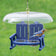 Duncraft Bluebird Sidewalk Cafe Bird Feeder: double-seat style with two feeding bowls under rain guard, featuring an Eastern Bluebird holding a mealworm.