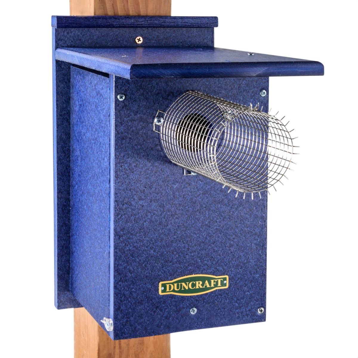 Duncraft EZ-Viewing Bluebird House with Leonard Guard features a blue structure, wire mesh cage, 1-1/2 inch entry hole, and clearview plastic side panel for easy observation.