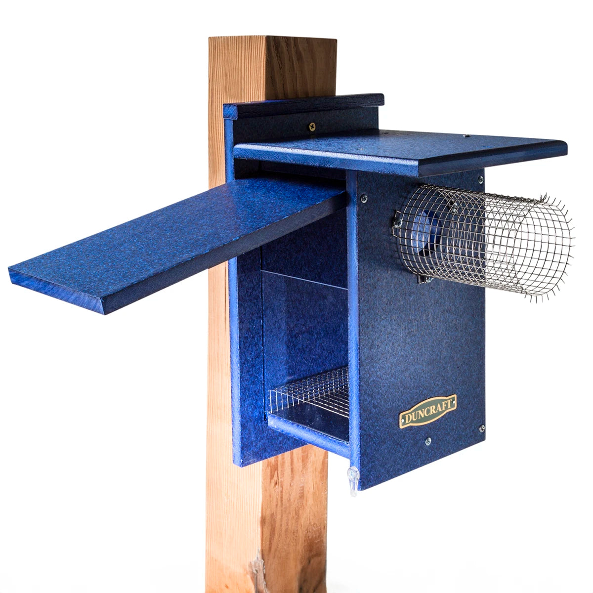 Duncraft EZ-Viewing Bluebird House with Leonard Guard mounted on a post, featuring a wire mesh cage for predator protection and an observation panel.