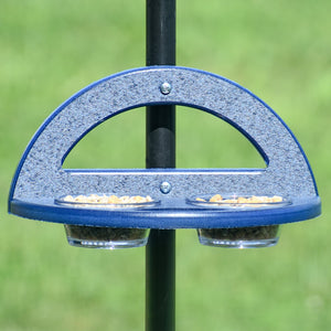 Duncraft Pole Mount Mealworm Dish Feeder with two food bowls and built-in perch, designed for easy cleaning and viewing of food levels.