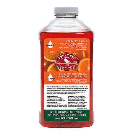 Oriole Nectar Concentrate, 32 oz. Bottle, shown as a plastic container with orange liquid for easy mixing and feeding.