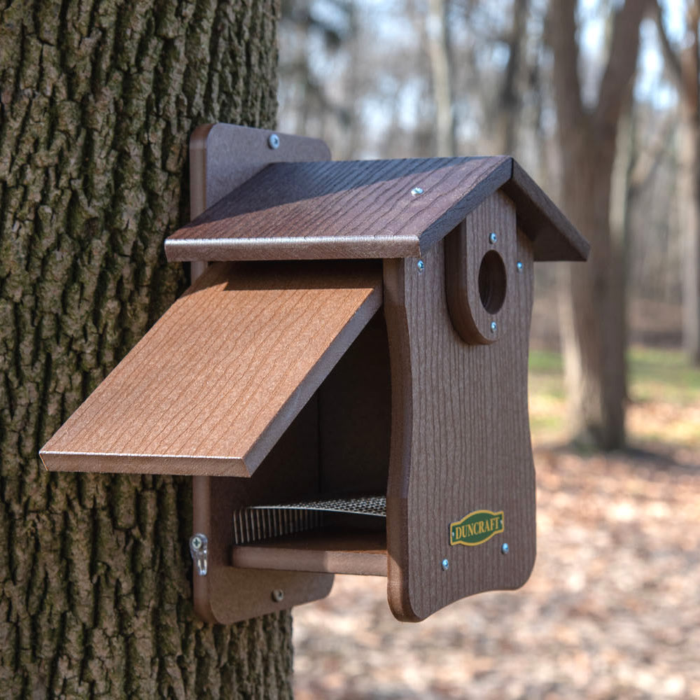 Duncraft Bird-Safe® EZ Observation Bluebird House with Predator Guard mounted on a tree, featuring two side panels for easy cleanout and a 1-1/2 inch entry hole.