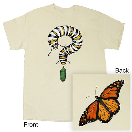 Monarch Metamorphosis T-Shirt featuring a butterfly and caterpillar illustration, celebrating the Monarch butterfly's metamorphosis. Designed by Diana Dee Tyler on 100% cotton.