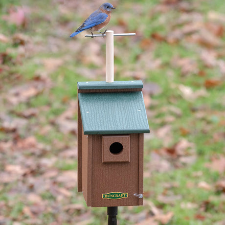 Duncraft Bird-Safe® Perch View Bluebird House & Pole with 1-1/2 inch entry hole, wooden lookout perch, and sectional pole, featuring ventilation and drainage.