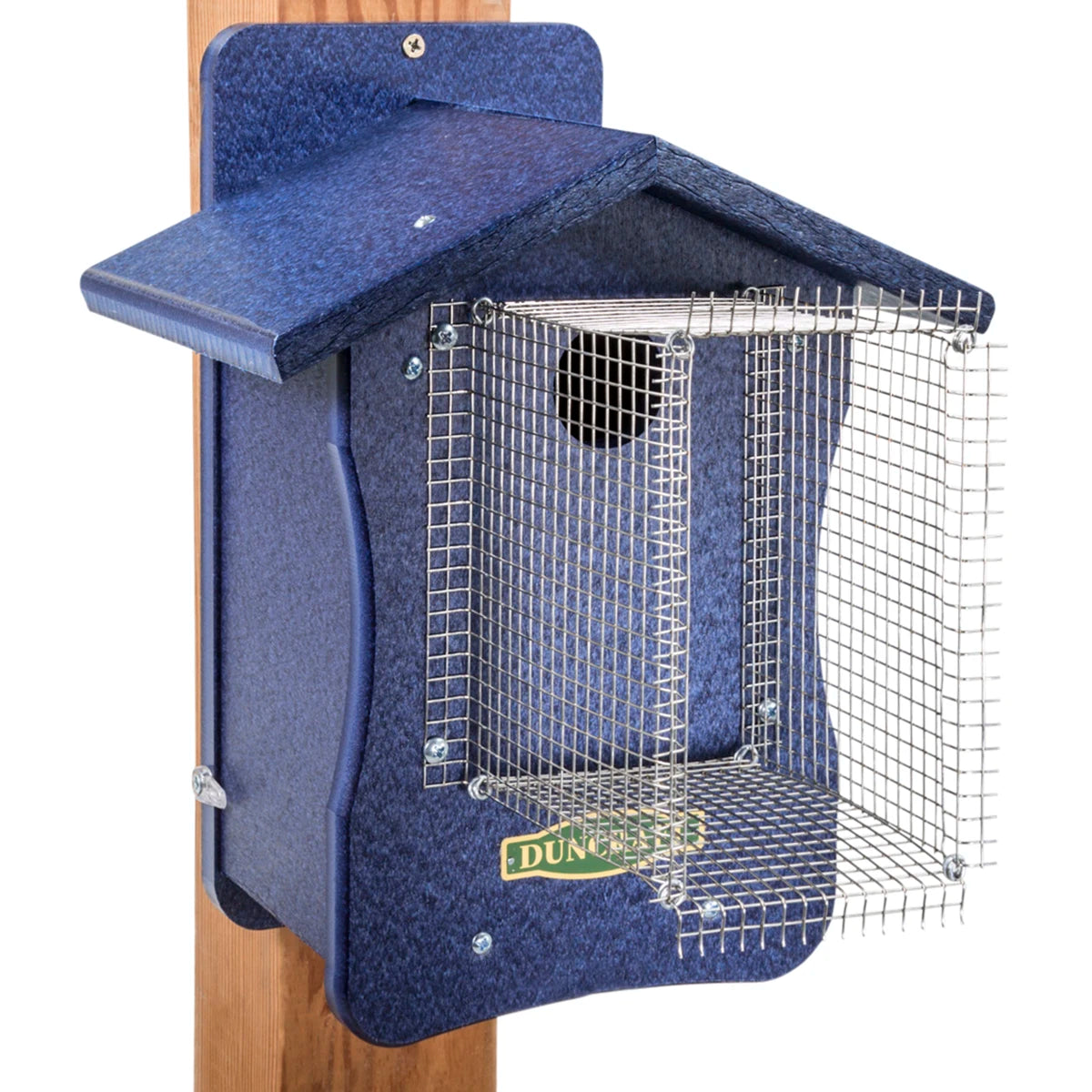 Duncraft Bird-Safe® EZ Observation Noel Guarded Bluebird House with wire mesh door and overhanging roof, mounted on a wood post for predator protection and easy observation.