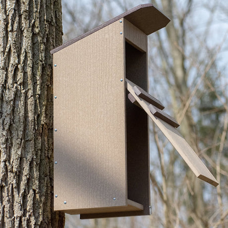 Duncraft Screech Owl Nesting Box mounted on a tree, featuring a slotted entry hole and wood plank for easy owl access and shelter.