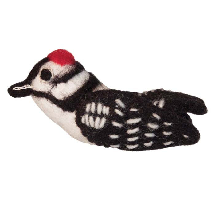 Wild Woolie Downy Woodpecker Ornament: Hand-felted bird with black and white plumage, red head dot, and detailed stitching; ready to hang with an attached string.