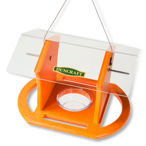 Duncraft Oriole Fruit & Jelly Cafe Feeder with squirrel guard, four perches, and a seed dish. Designed for serving oranges and jelly to attract orioles.