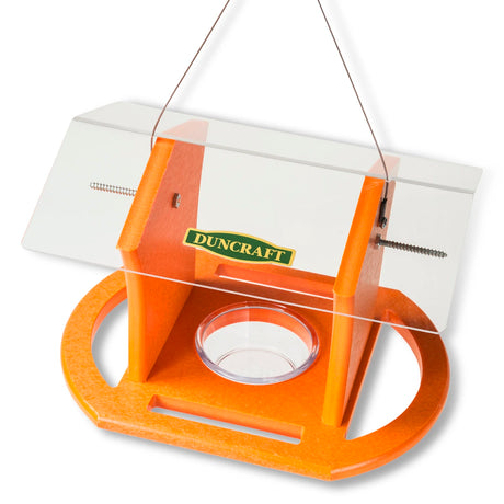 Duncraft Oriole Fruit & Jelly Cafe Feeder with squirrel guard, four perches, and a seed dish. Designed for serving oranges and jelly to attract orioles.