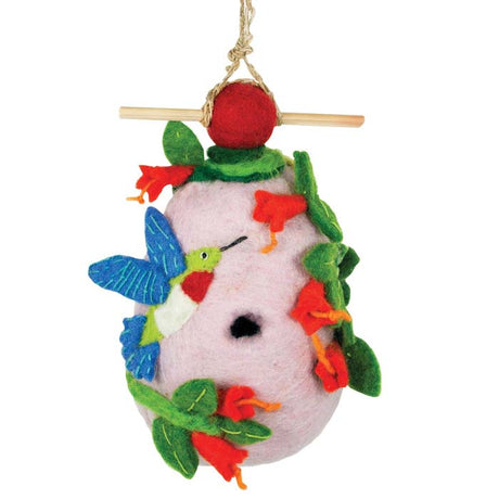 Woolie Hummingbird Bird House made of felt with a small entrance, bamboo perch, and jute hanging cord; perfect for small birds like wrens and chickadees.