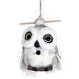 Woolie Snowy Owl Bird House: a handmade owl-shaped birdhouse with a wool exterior, jute hanging cord, and bamboo perch, designed for small birds like wrens and chickadees.