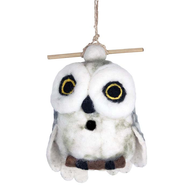 Woolie Snowy Owl Bird House: a handmade owl-shaped birdhouse with a wool exterior, jute hanging cord, and bamboo perch, designed for small birds like wrens and chickadees.