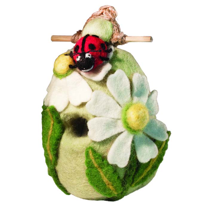 Woolie Ladybug Bird House featuring a ladybug design on natural wool, complete with a jute hanging cord and bamboo perch, ideal for small birds.