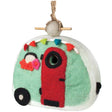 Woolie Retro Camper Bird House, a felted wool birdhouse with a red door, jute hanging cord, and bamboo perch, ideal for small birds.