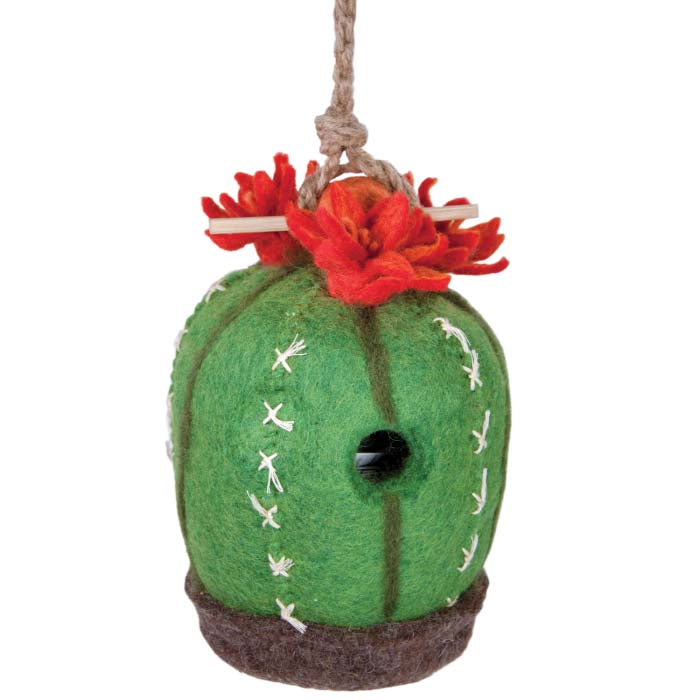 Woolie Barrel Cactus Bird House with red flowers, crafted from water-resistant wool, featuring a small entrance, bamboo perch, and jute hanging cord. Ideal for small birds.