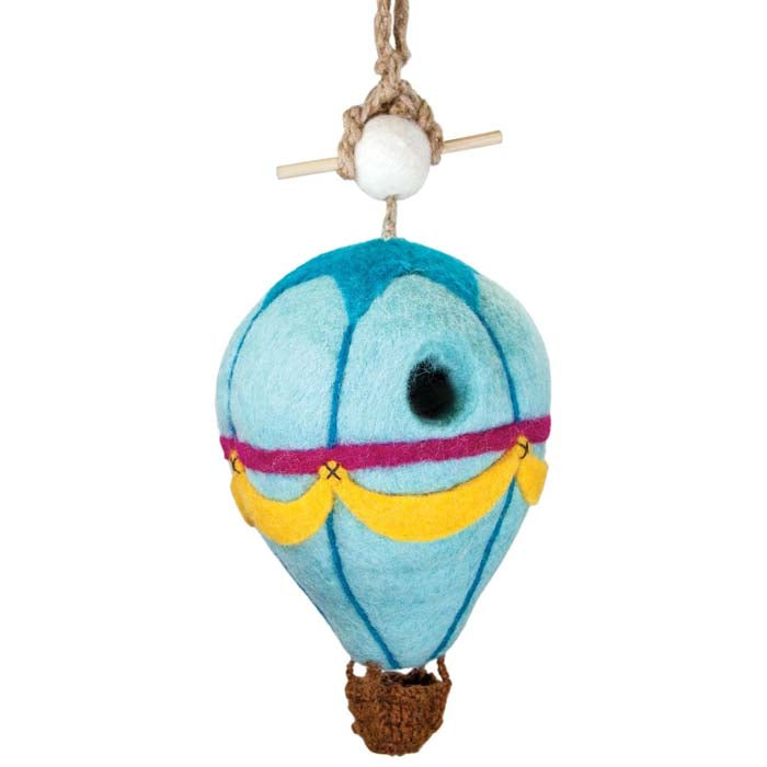 Woolie Hot Air Balloon Bird House: Felted wool birdhouse shaped like a balloon with jute hanging cord and bamboo perch, ideal for small birds.