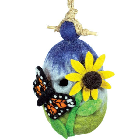 Woolie Butterfly Garden Bird House: A blue egg-shaped birdhouse with butterfly and flower design, featuring a 1-1/4 inch opening, hemp cord, and bamboo perch.