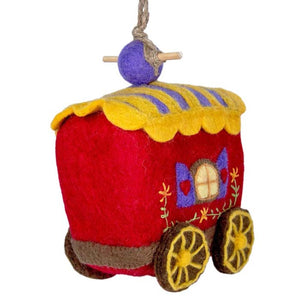 Woolie Gypsy Wagon Bird House, a handmade, water-resistant wool birdhouse with a jute hanging cord and bamboo perch, ideal for small birds.