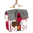 Woolie Country Stable Bird House: A handmade, wool birdhouse resembling a red and white barn, complete with horses and a white ball, featuring a jute cord and bamboo perch.