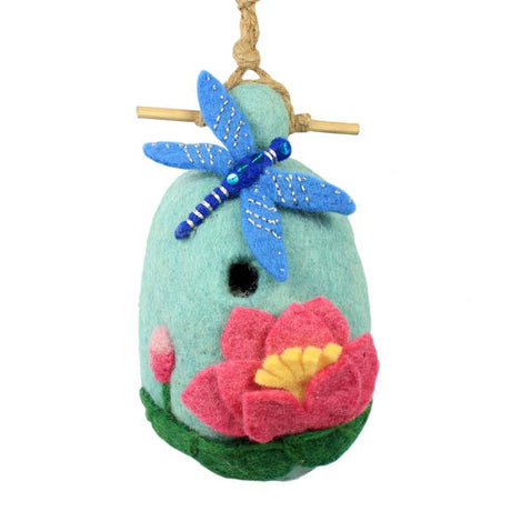 Woolie Lotus Dragonfly Bird House featuring a dragonfly design, handmade from water-resistant wool with a bamboo perch and jute cord for hanging.