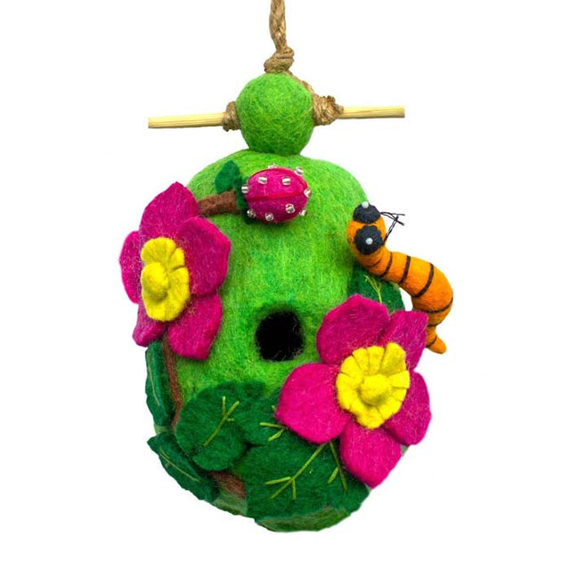 Woolie Raspberry Caterpillar Bird House: A handmade felted birdhouse adorned with flowers and a bug, featuring a bamboo perch and natural hemp hanging cord.