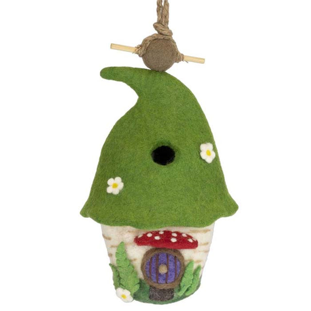 Woolie Woodland Fairy Bird House with a felt mushroom roof, jute cord, bamboo perch, and a clean-out hole, designed for small birds like wrens and chickadees.