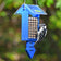 Duncraft Royal Blue Arrow Tail Prop Suet Feeder with metal grid, showing a Downy Woodpecker feeding, designed for easy bird access and longer feeding time.