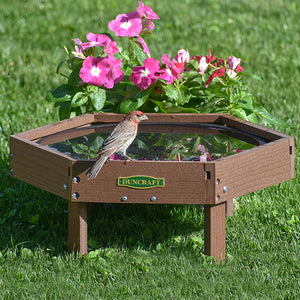 Duncraft Hexagon Ground Birdbath with a bird perched on it, surrounded by grass and flowers, offering easy water access and built-in perching space.