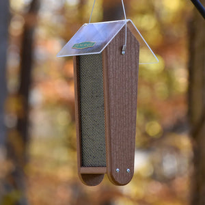 Duncraft Garden Nyjer® Feeder with a clear plastic roof and wooden sides, featuring fine metal mesh for finches to feed from both sides.