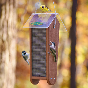 Duncraft Garden Nyjer® Feeder with a yellow finch perched on its fine wire mesh, designed for clinging and feeding from both sides.