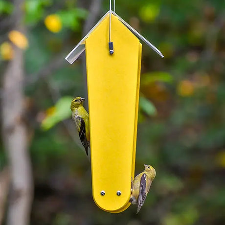 Duncraft Fancy Finch Nyjer® Feeder with yellow mesh and peaked roof, two finches feeding. Ideal for attracting finches with double-sided access.
