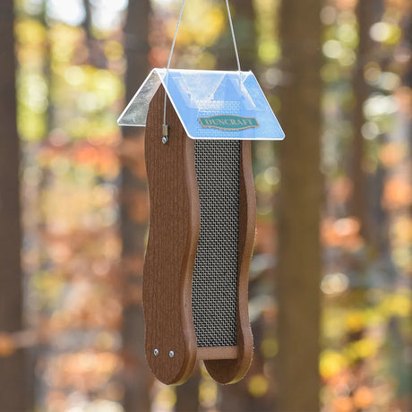 Duncraft Wave Mesh Nyjer® Feeder with a wooden frame, fine metal mesh for suet or seed, and clear plastic roof, designed for small birds.