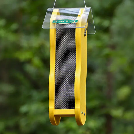 Duncraft Fancy Finch Nyjer® Wave Feeder with yellow wavy frame, metal mesh for clinging, and clear plastic roof, designed for finches with dual-side feeding.
