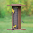 Duncraft Four Winds Nyjer® Feeder with finches feeding on both sides, showcasing fine wire mesh and two bottom perches.