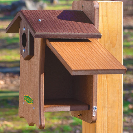 Duncraft Bird-Safe® Fancy Bluebird House with open hinged front reveals interior. Mounted on post, features a round entry and double predator guard.