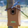 Duncraft Bird-Safe® Fancy Bluebird House with perched bluebird, featuring a double predator guard and open side panel for easy cleaning, mounted outdoors.