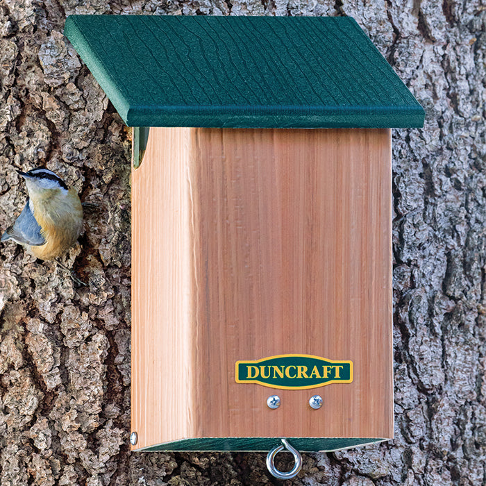 Duncraft Brown Creeper & Nuthatch Side Entrance House mounted on a tree, featuring a semi-circular entry, overhang roof, and predator guard.