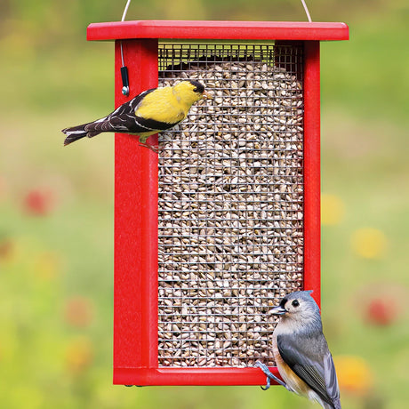 Duncraft Bird-Safe® Sunflower Mesh Feeder with two birds feeding, showcasing its red mesh design and seed capacity in a garden setting.