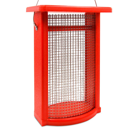 Duncraft Bird-Safe® Sunflower Mesh Feeder with red frame, wire mesh sides for small birds to cling, and a wide mouth for easy filling.