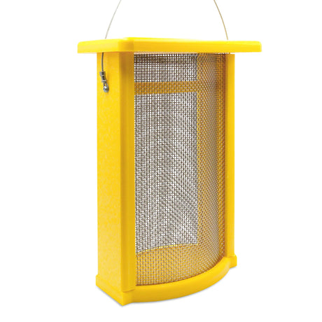 Duncraft Bird-Safe Nyjer® Mesh Feeder, yellow-framed with a curved, fine wire mesh, designed for finches to feed from both sides, hanging entrance.