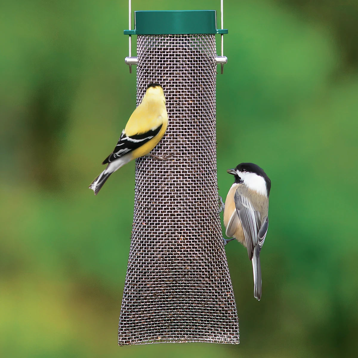 Duncraft Nyjer® Mesh Sock with wire-mesh design, featuring a goldfinch and chickadee feeding. Ideal for attracting finches with Nyjer® seed, easy-fill flip-top lid.