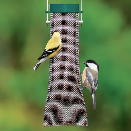 Duncraft Nyjer® Mesh Sock with wire-mesh design, featuring a goldfinch and chickadee feeding. Ideal for attracting finches with Nyjer® seed, easy-fill flip-top lid.