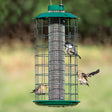 Duncraft Nyjer® Mesh Haven Feeder with metal mesh openings, multiple perches, and a seed catch tray, designed to let small birds feed peacefully.