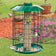 Duncraft Peanut & Sunflower Mesh Metal Selective feeder with birds feeding, featuring a stainless steel mesh tube and a protective roof.