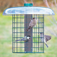 Duncraft Nyjer® Mesh Sentinel Selective feeder with birds clinging and feeding, featuring a metal mesh tube, clearview plastic roof, and wire hanger.