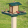 Duncraft Grandview Estate Feeder & Post with Auger: a green-roofed bird feeder on a post, attracting cardinals and finches with its spacious platform and hopper design.