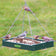 Duncraft Old Fashioned Toolbox Platform Feeder with seeds and nuts, five songbirds feeding, suspended by chains in a grassy yard.